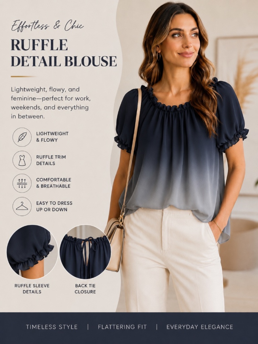 Tulle Ombre Sheer Blouse Size Small Navy to Gray Ruffle Puff Sleeve Top